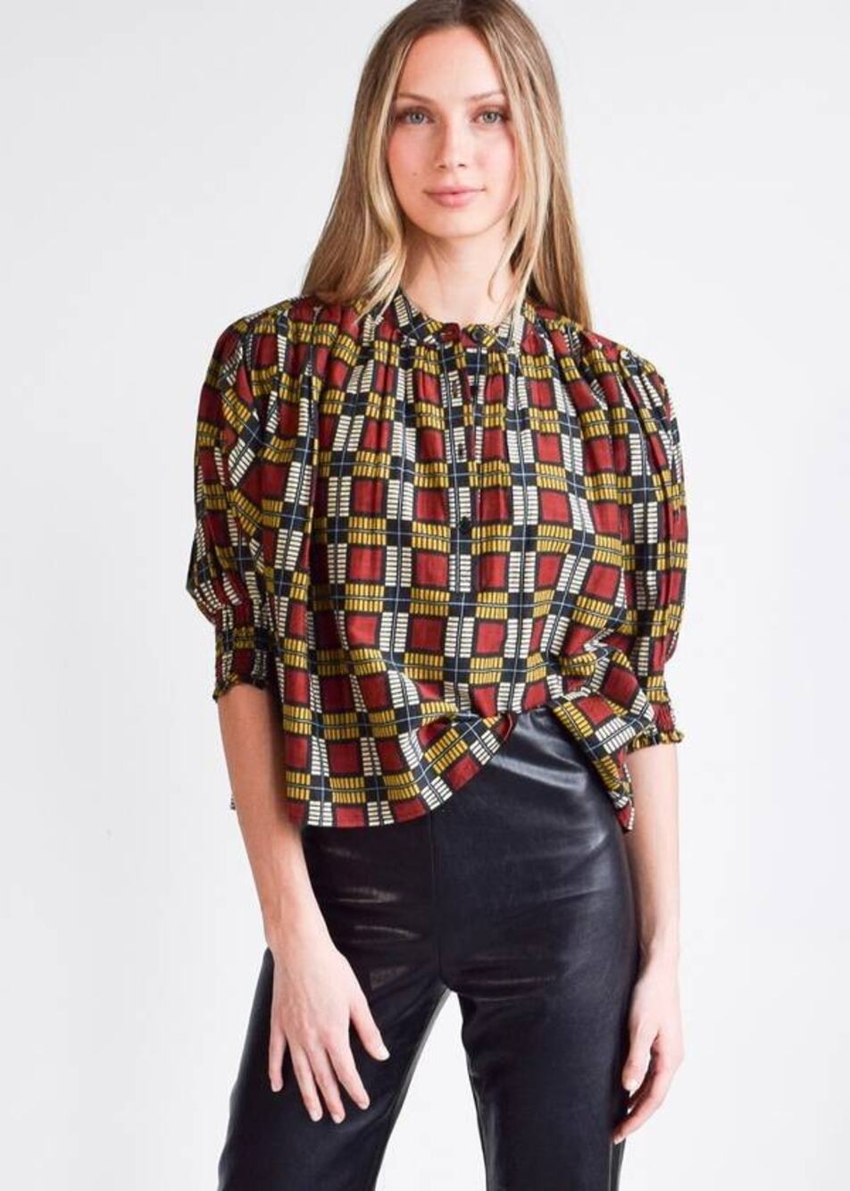Never A Wallflower Cynthia Puff Sleeve Top XS Blue Geometric Boho Romantic NEW